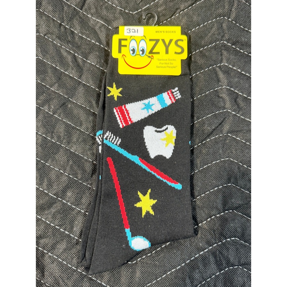 Foozys Dental Crew Socks Men Size 10-13 Black NWT Toothbrush Toothpaste Pattern